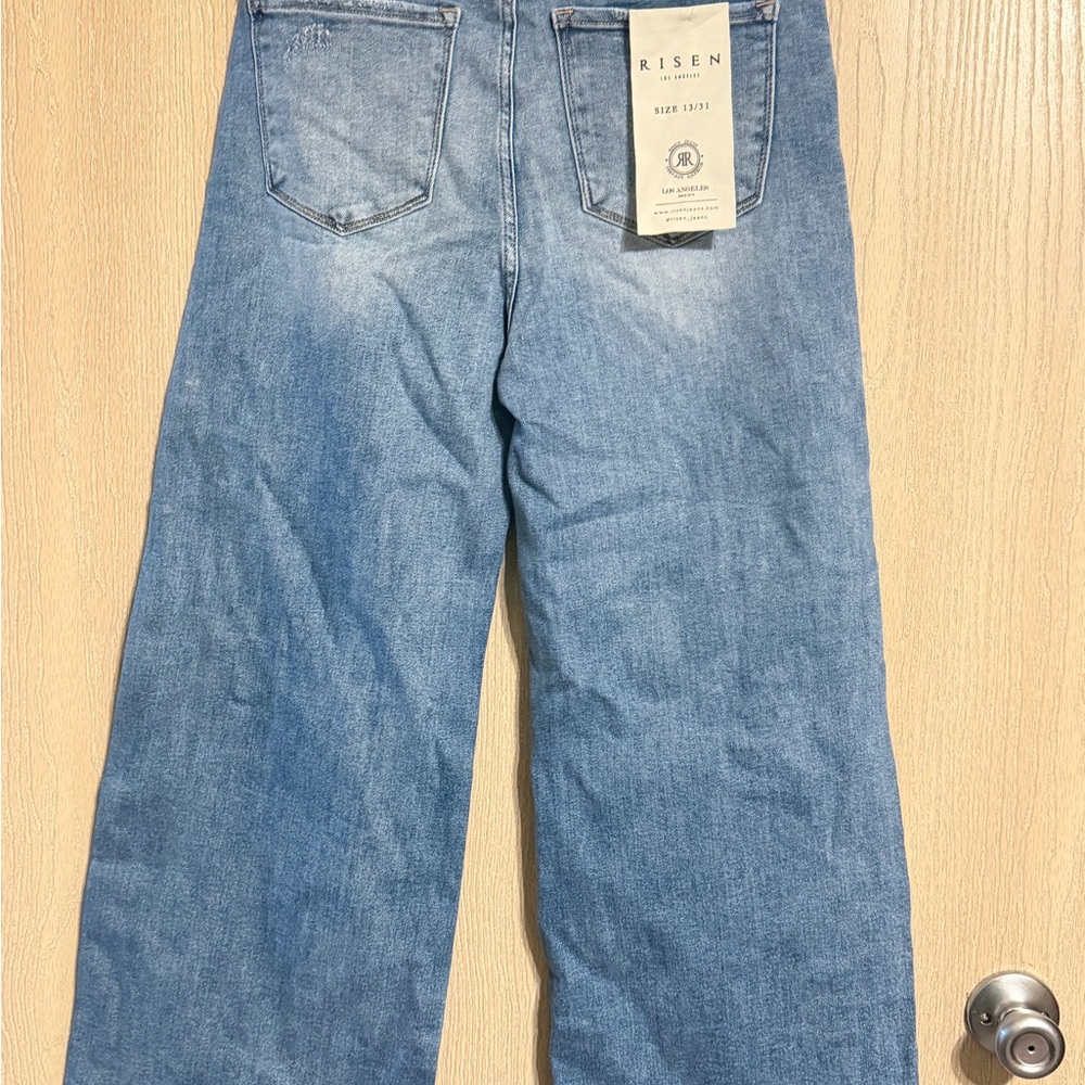Risen Tessa Blue Distressed HIGH RISE CROP WIDE SIDE SLIT WITH FRAY HEM JEANS - Picture 9 of 10